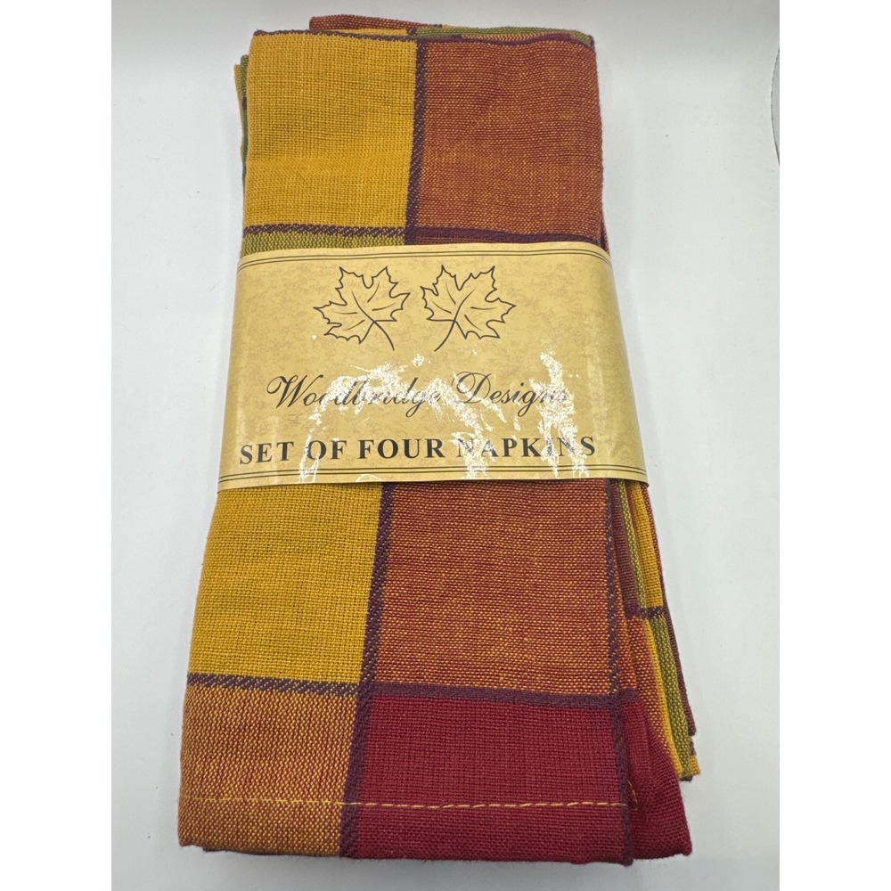 Woodbridge Designs Set of 4 Cotton Napkins Fall Plaid Yellow Red Green Farmhouse
